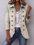 Women's Vintage Floral Print Casual Ruffled Shirt Jacket