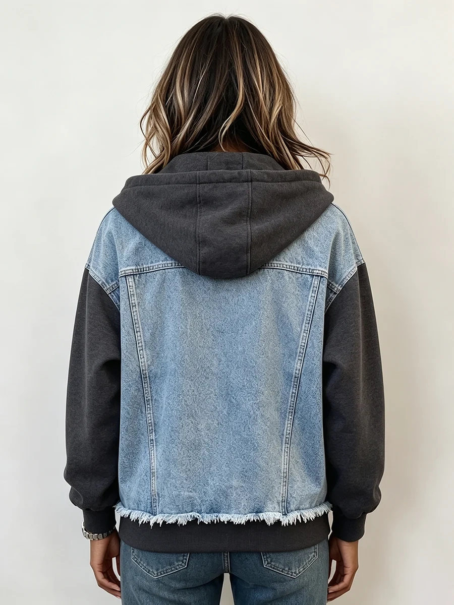 Western Spliced Zip‐Up Denim Hooded Jacket