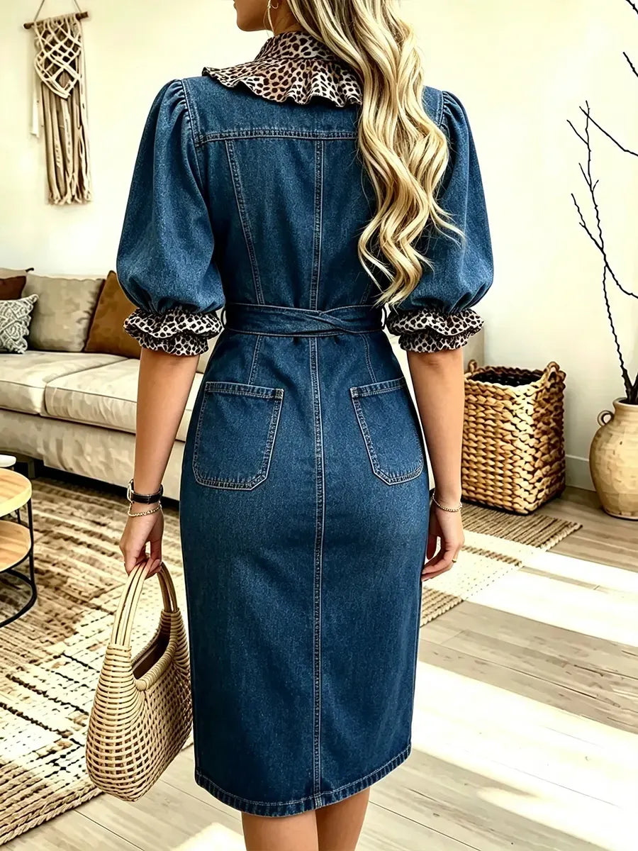 Western Boho Leopard‐Ruffle Belted Denim Midi Dress