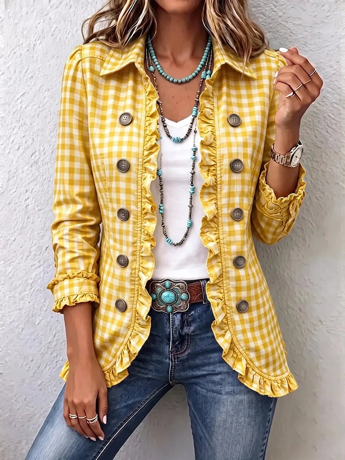 Chic Gingham Ruffled Button-Down Jacket