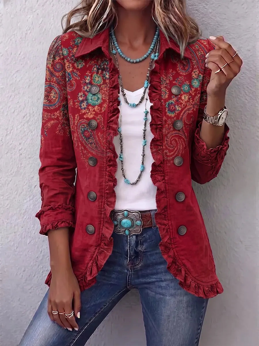 Bold Boho Leopard & Teal Ruffle Blazer Jacket