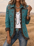 Women's Vintage Western Style Print Casual Ruffled Shirt Jacket