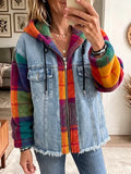 Vintage Elegant Denim Patchwork Plaid Fleece Coat