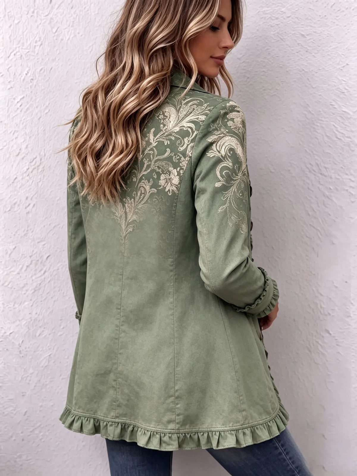Bohemian Gold Floral Print Ruffle Jacket