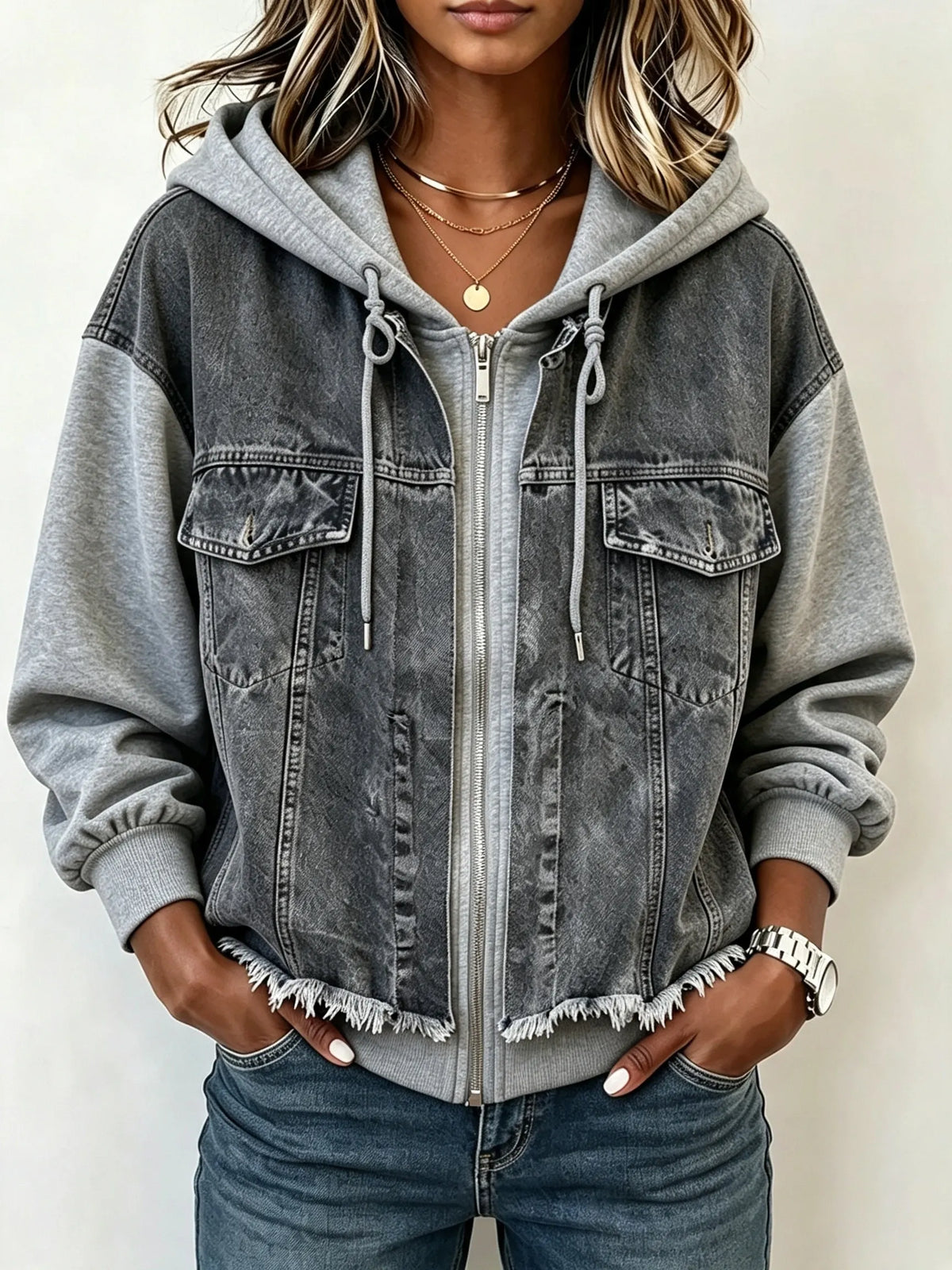 Western Spliced Zip‐Up Denim Hooded Jacket
