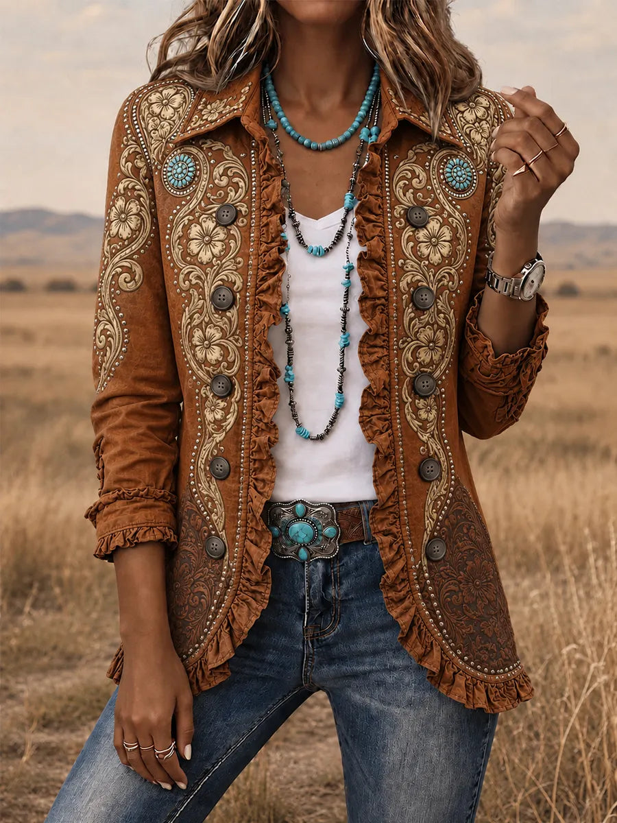 Women's Vintage Western Style Print Casual Ruffled Shirt Jacket