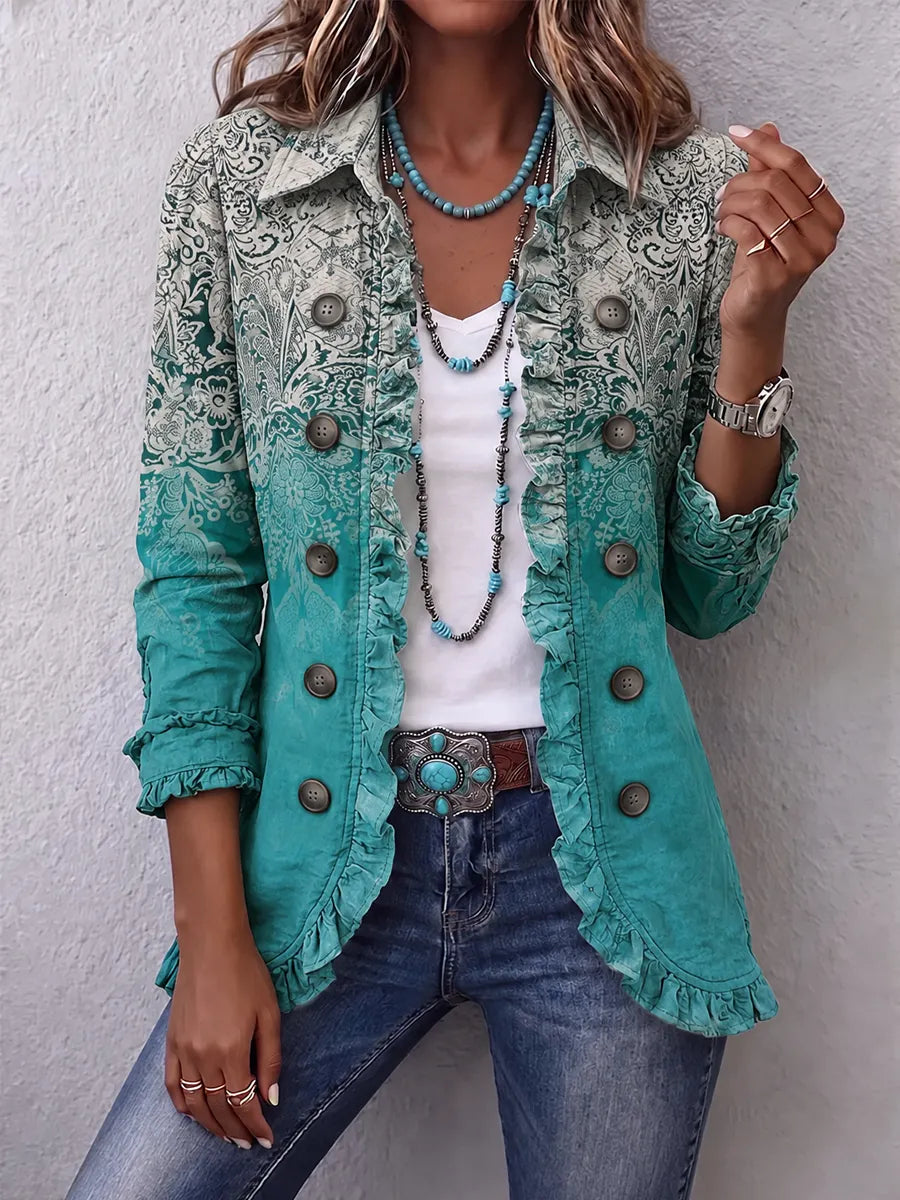 Women's Vintage Floral Print Casual Ruffled Shirt Jacket