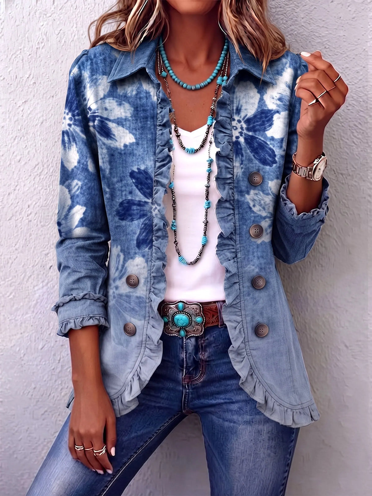 Boho-chic Vintage-inspired Floral Ruffle Jacket