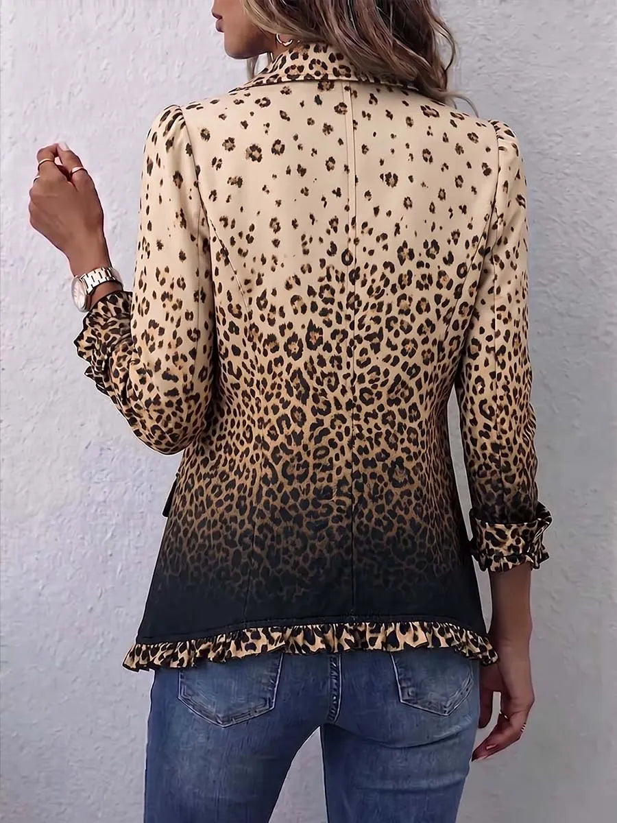Women's Gradient Leopard Print Shirt Collar Long Sleeve Casual Loose Cotton Cardigan