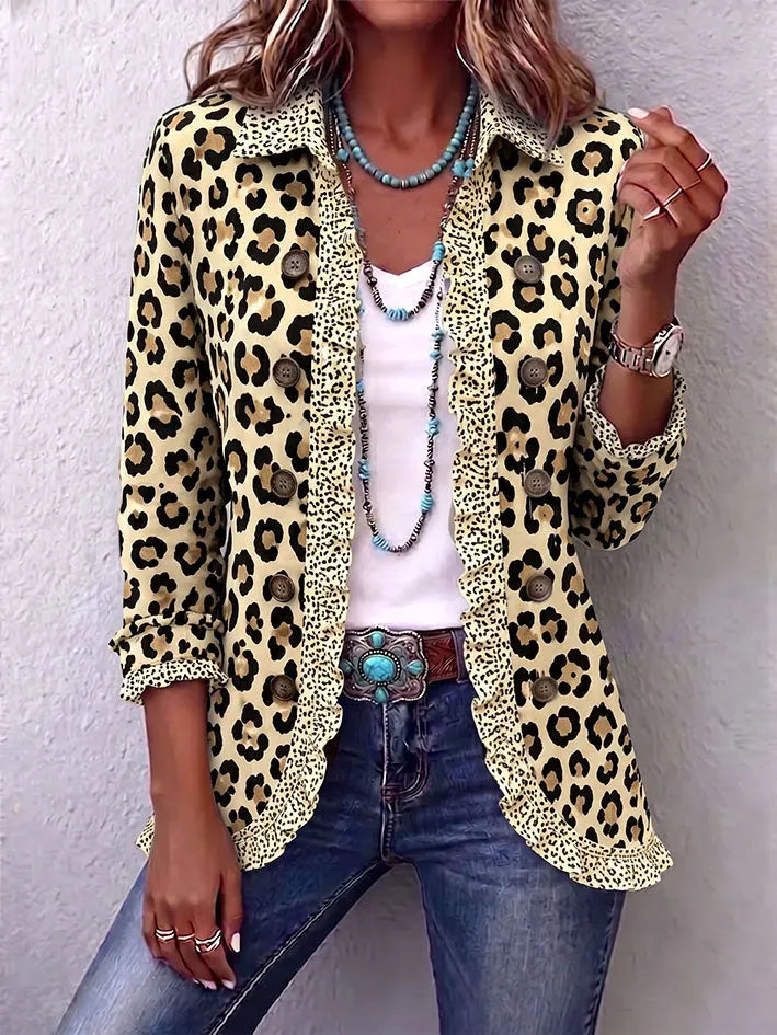 Chic Leopard Print Ruffled Jacket