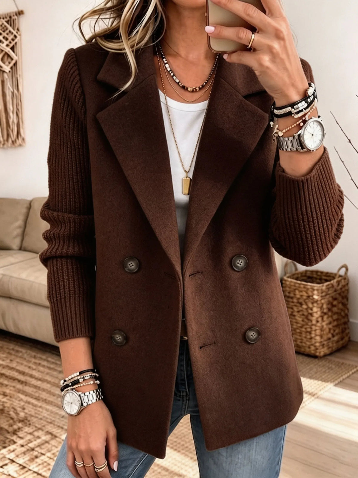 Women Mixed Media Blazer, Knit Sleeve Double‐Breasted Lapel Wool‐Blend Jacket