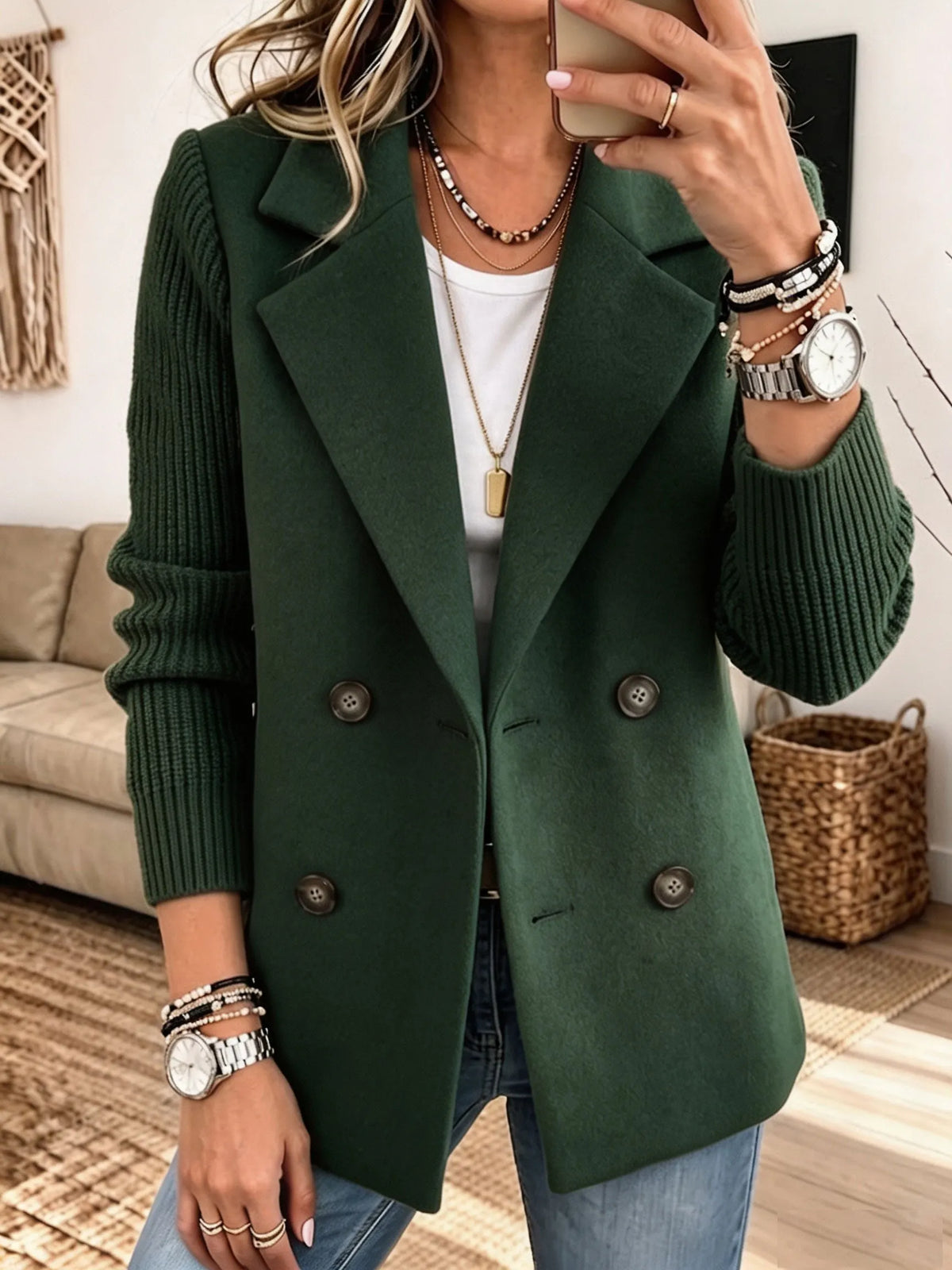 Women Mixed Media Blazer, Knit Sleeve Double‐Breasted Lapel Wool‐Blend Jacket