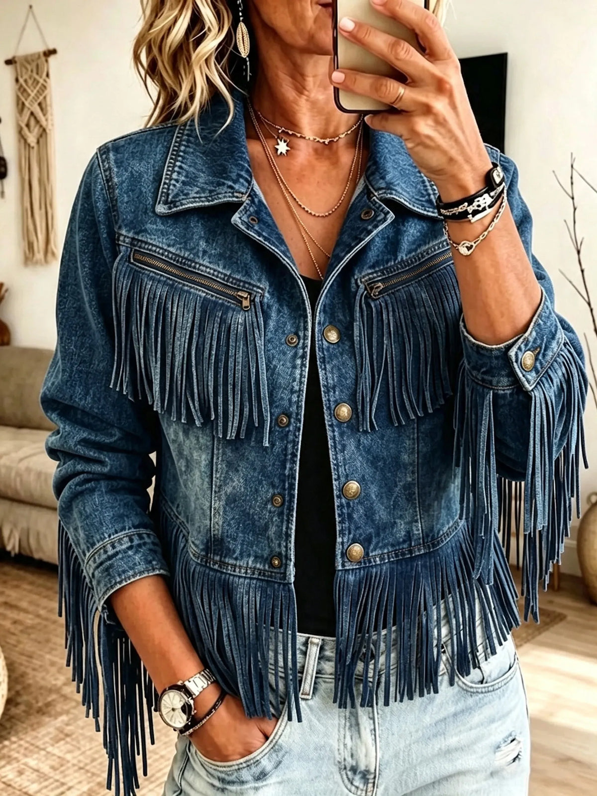 Western Fringe Cropped Denim Jacket