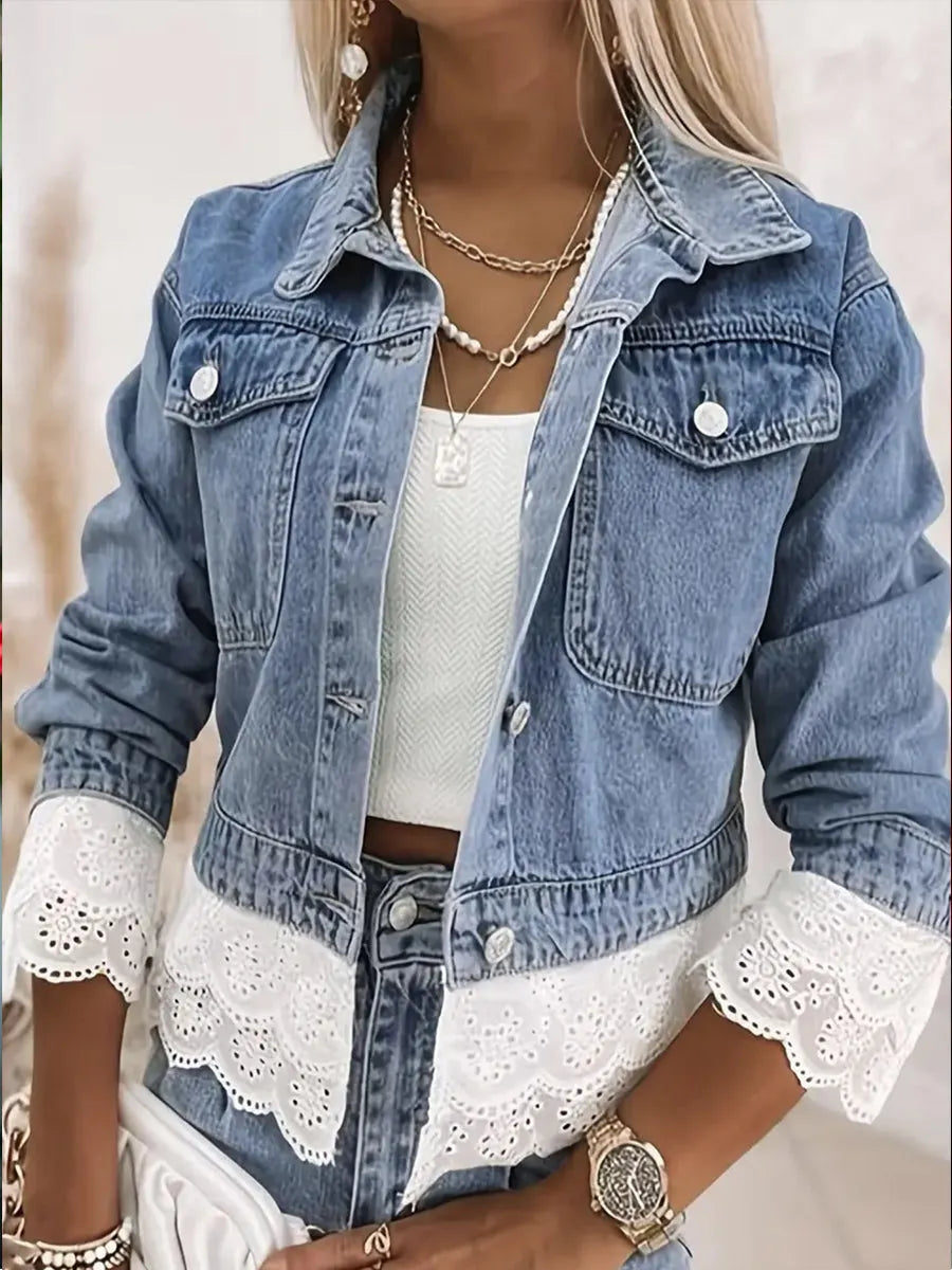 Romantic Eyelet Lace Trim Denim Jacket
