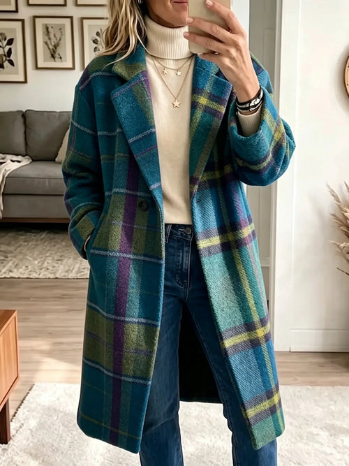 Boho Rainbow Plaid Long Wool‐Blend Coat