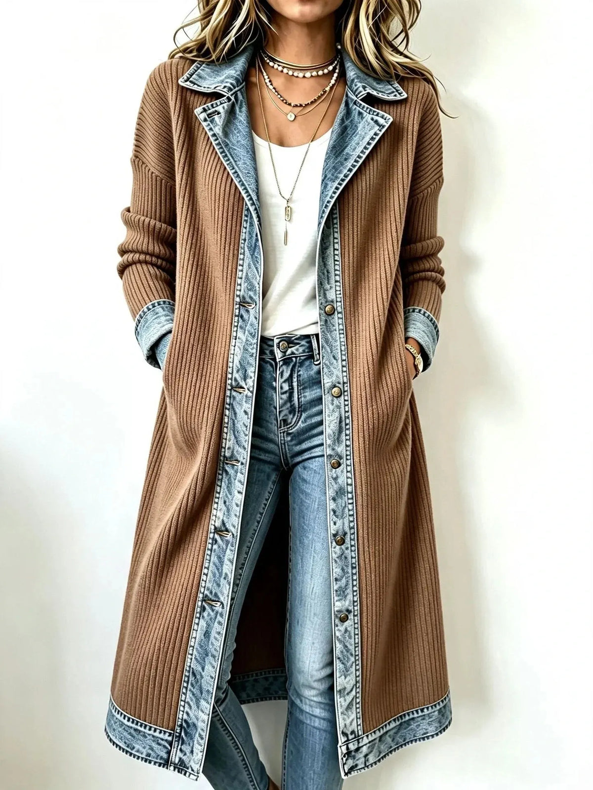 Western Boho Denim‐Knit Spliced Long Cardigan