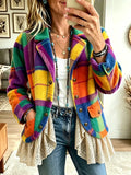 Boho Rainbow Plaid Lace‐Hem Fleece Jacket