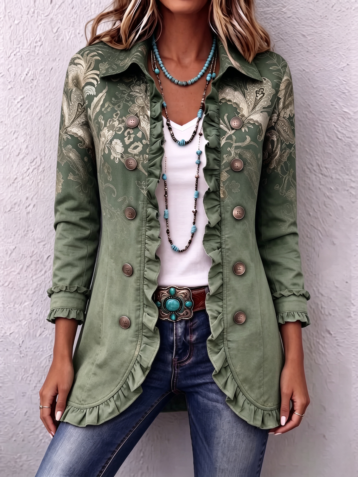 Bohemian Gold Floral Print Ruffle Jacket