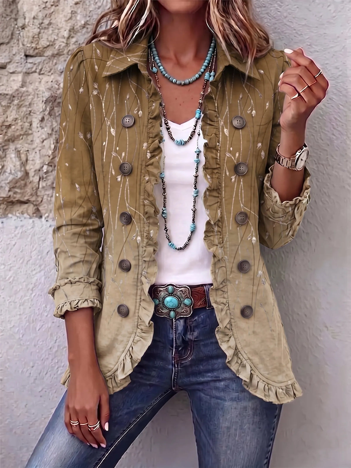 Vintage Botanical Print Ruffled Jacket