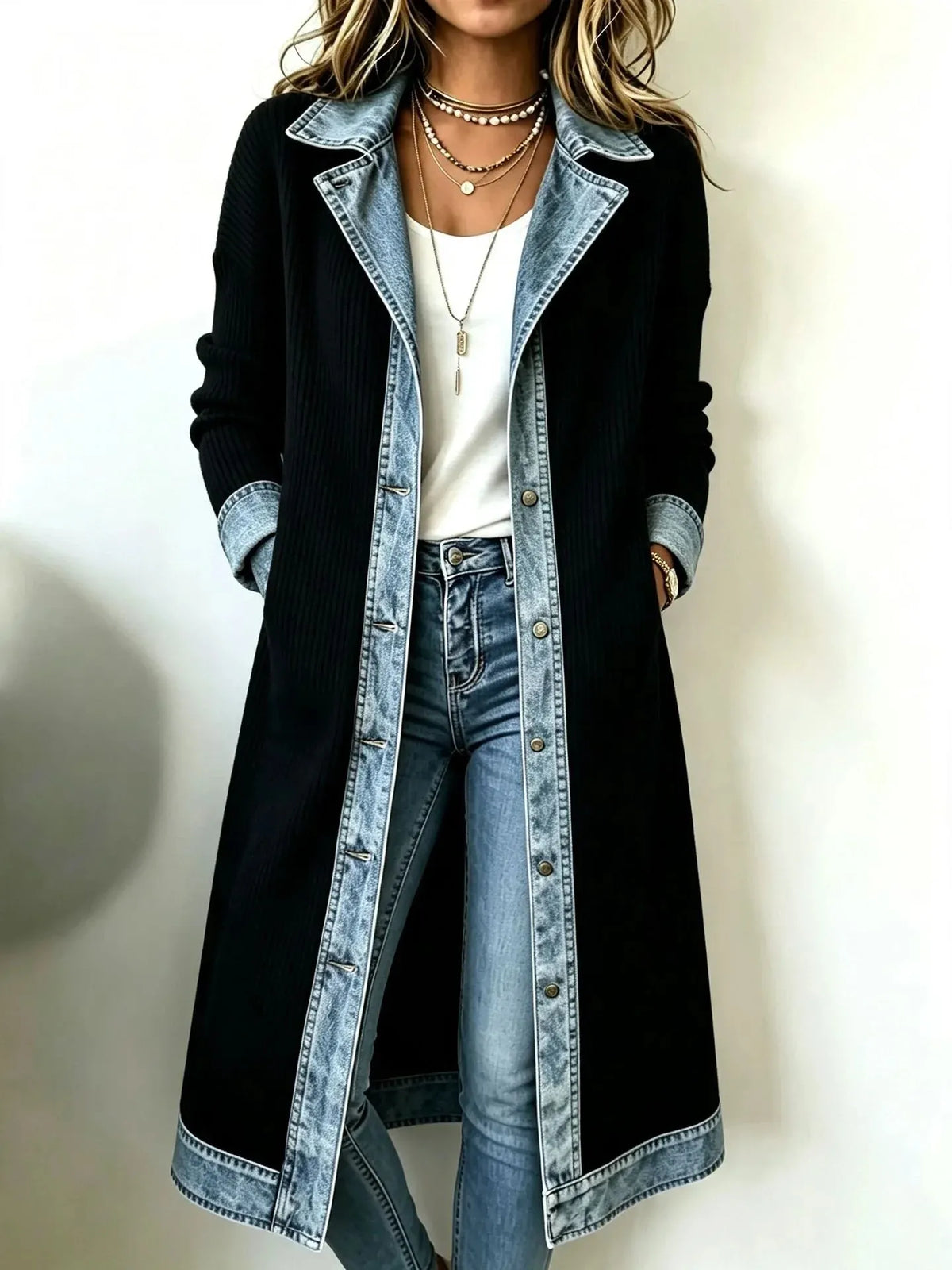 Western Boho Denim‐Knit Spliced Long Cardigan
