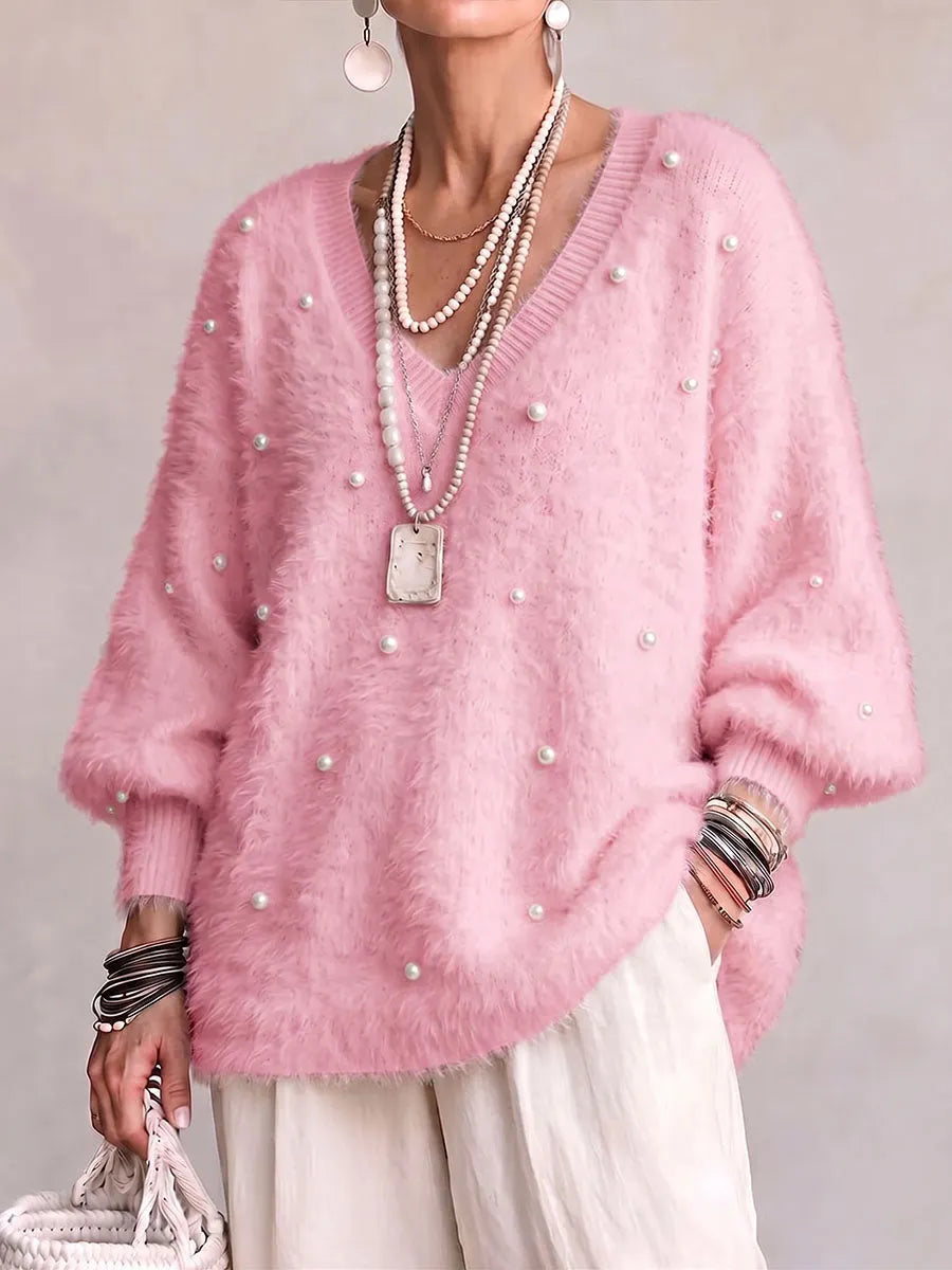 Women's Solid Color V-neck Long-sleeved Casual Loose Beaded Sweater