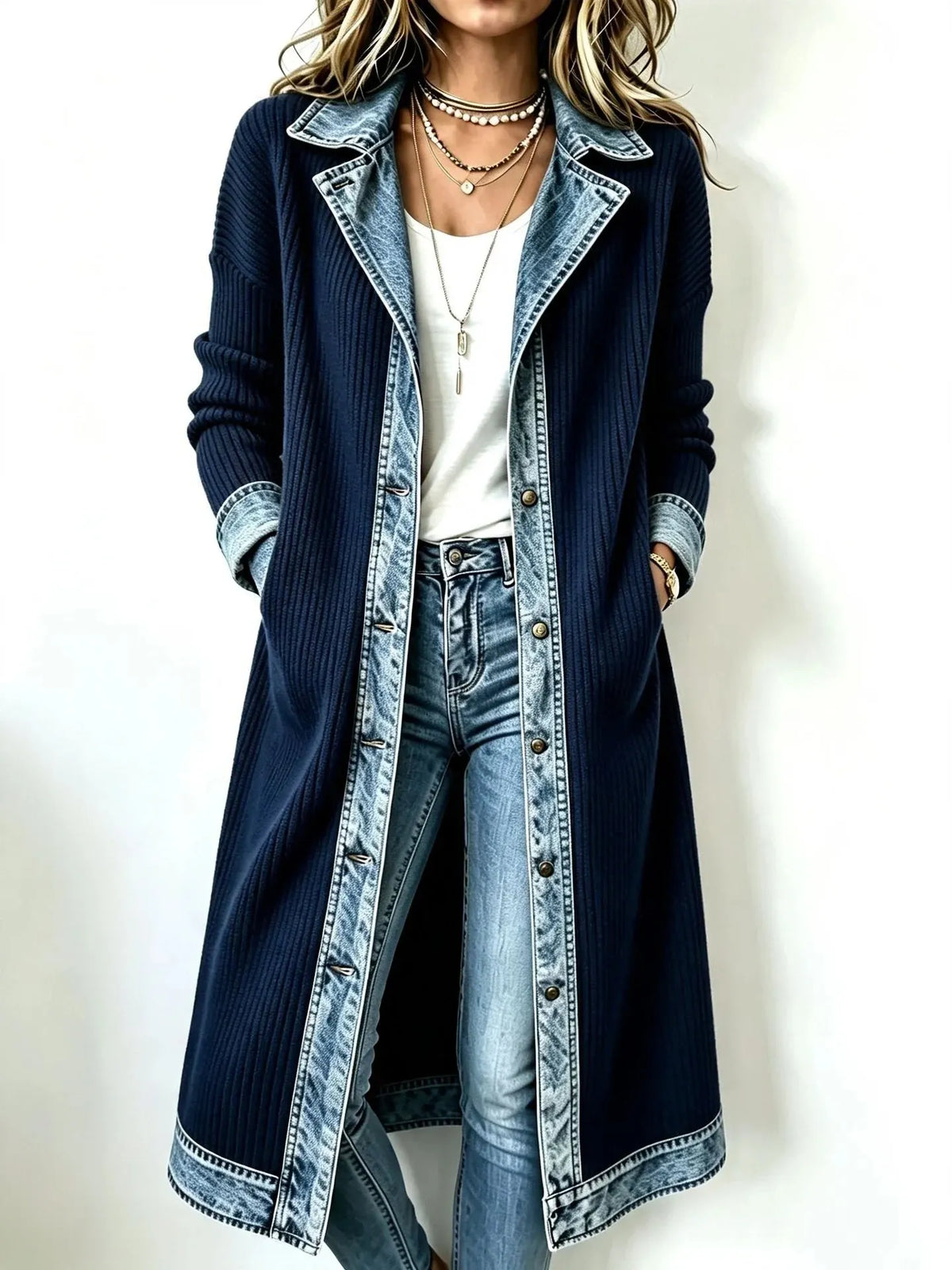 Western Boho Denim‐Knit Spliced Long Cardigan