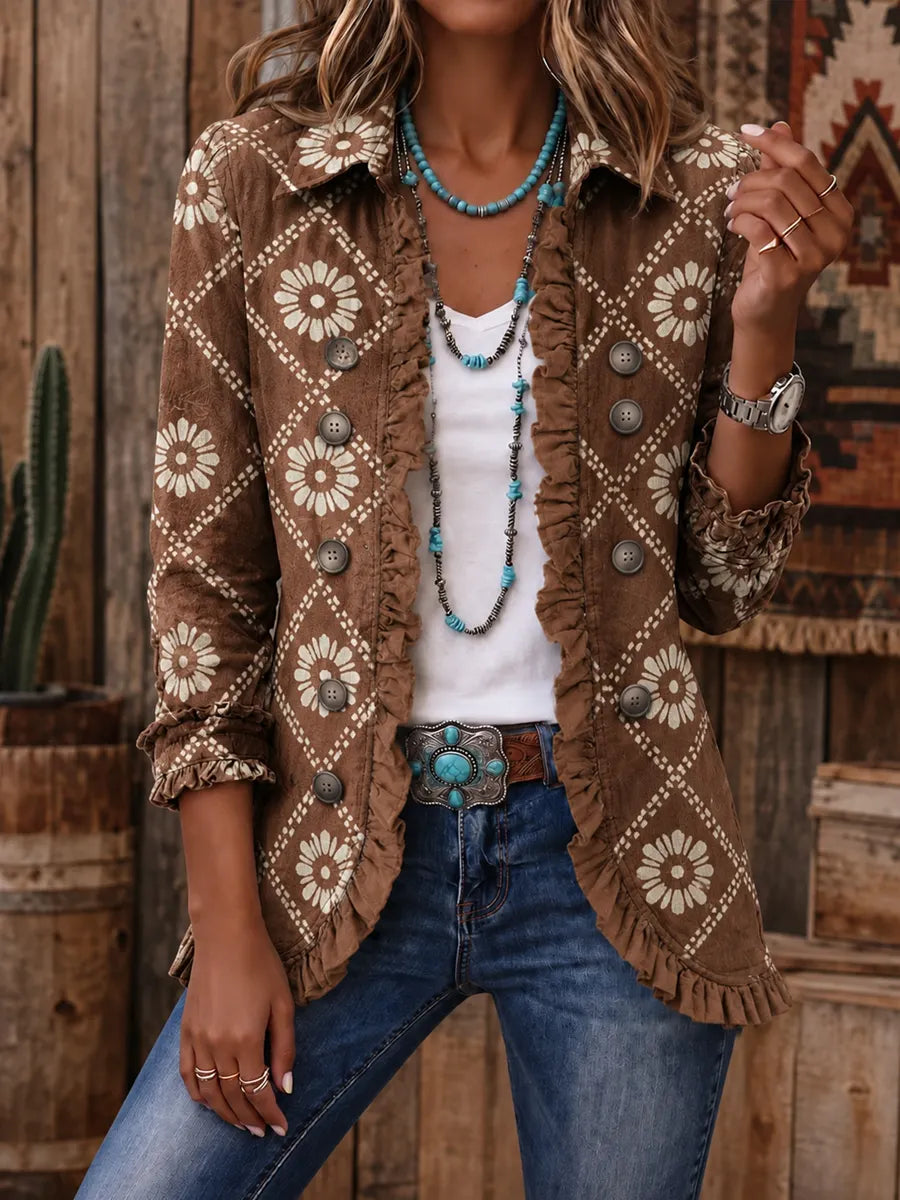Women's Vintage Floral Print Casual Ruffled Shirt Jacket