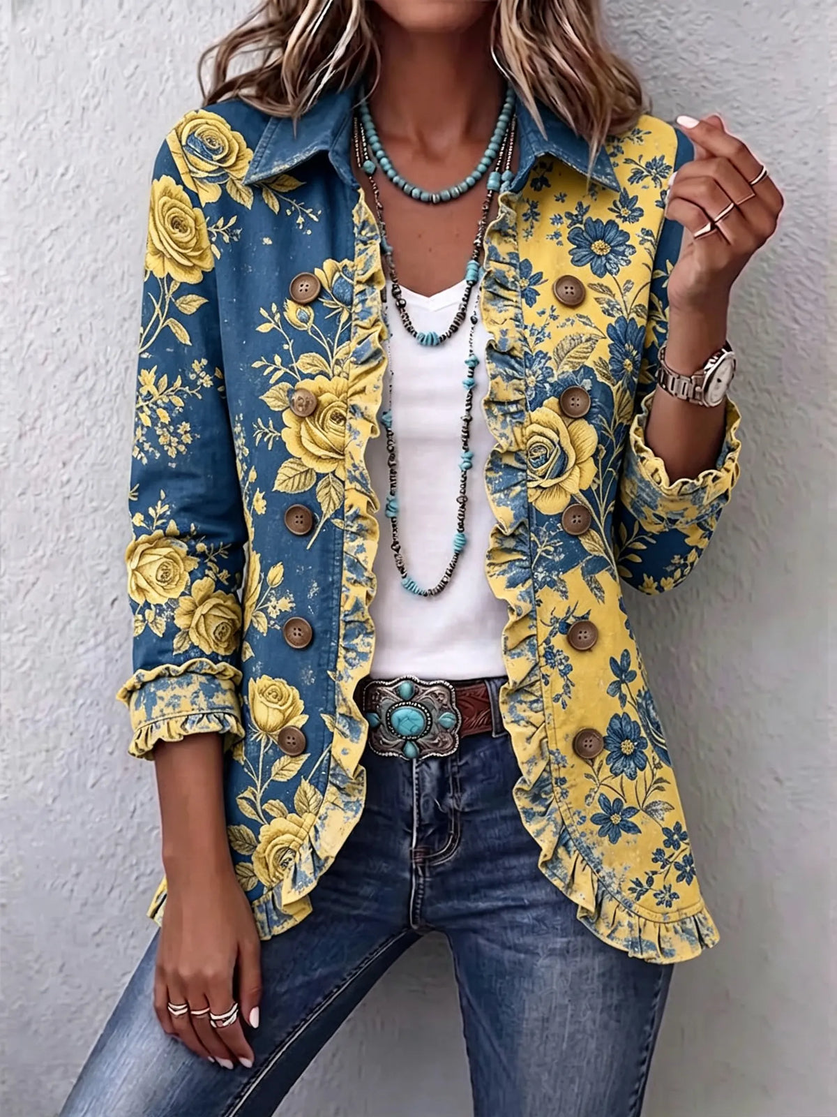 Boho-style Vintage Color-block Floral Ruffle Jacket