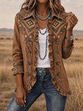 Women's Vintage Western Style Print Casual Ruffled Shirt Jacket