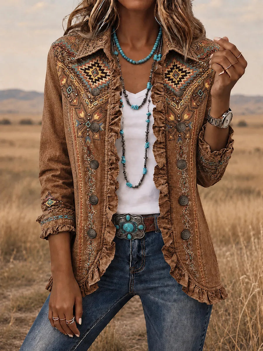 Women's Vintage Western Style Print Casual Ruffled Shirt Jacket