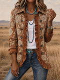 Women's Vintage Floral Art Print Casual Ruffled Shirt Jacket
