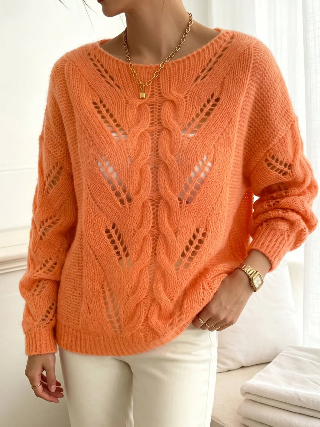 Vibrant Orange Open-Knit Textured Sweater