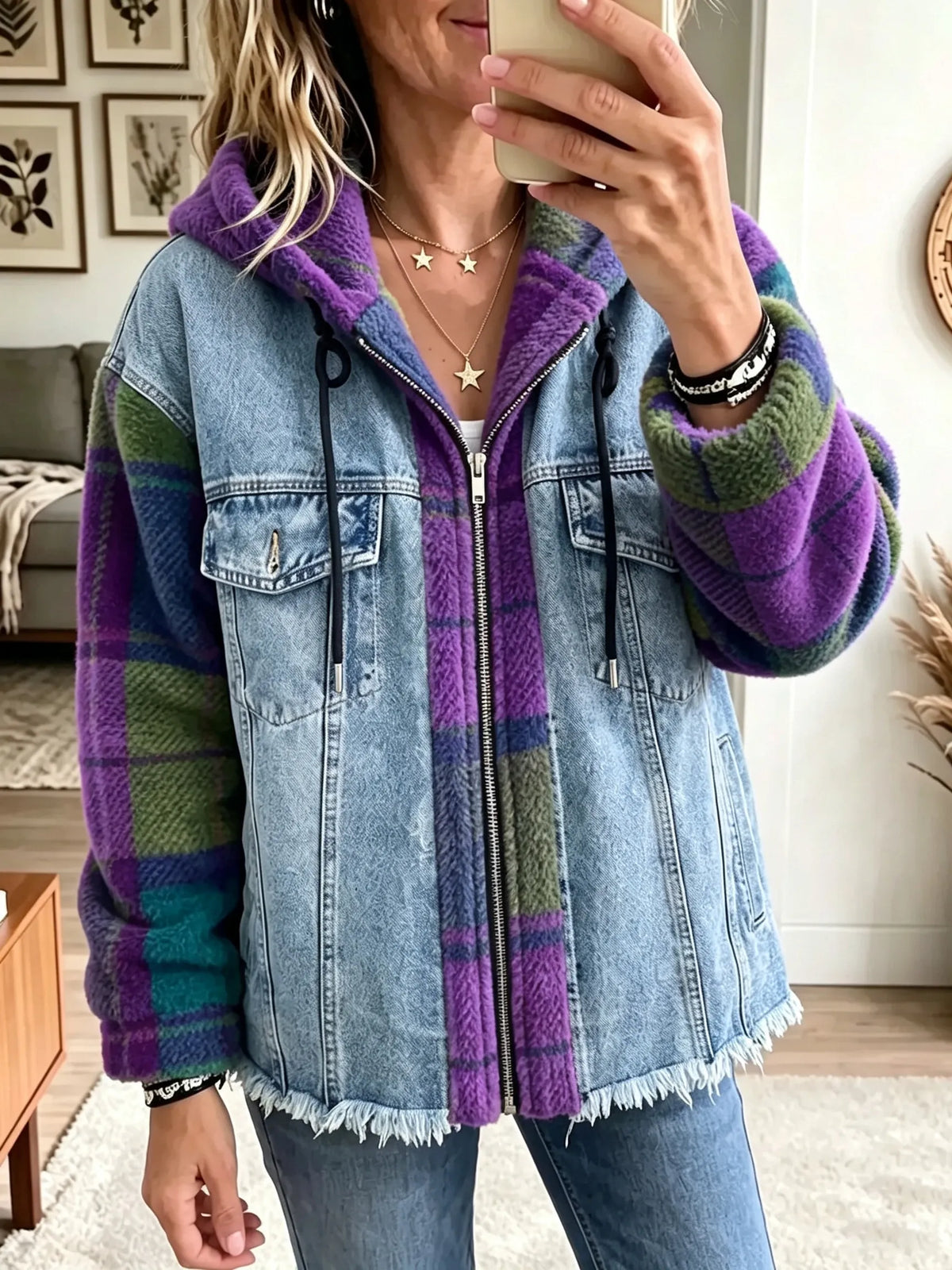 Vintage Elegant Denim Patchwork Plaid Fleece Coat