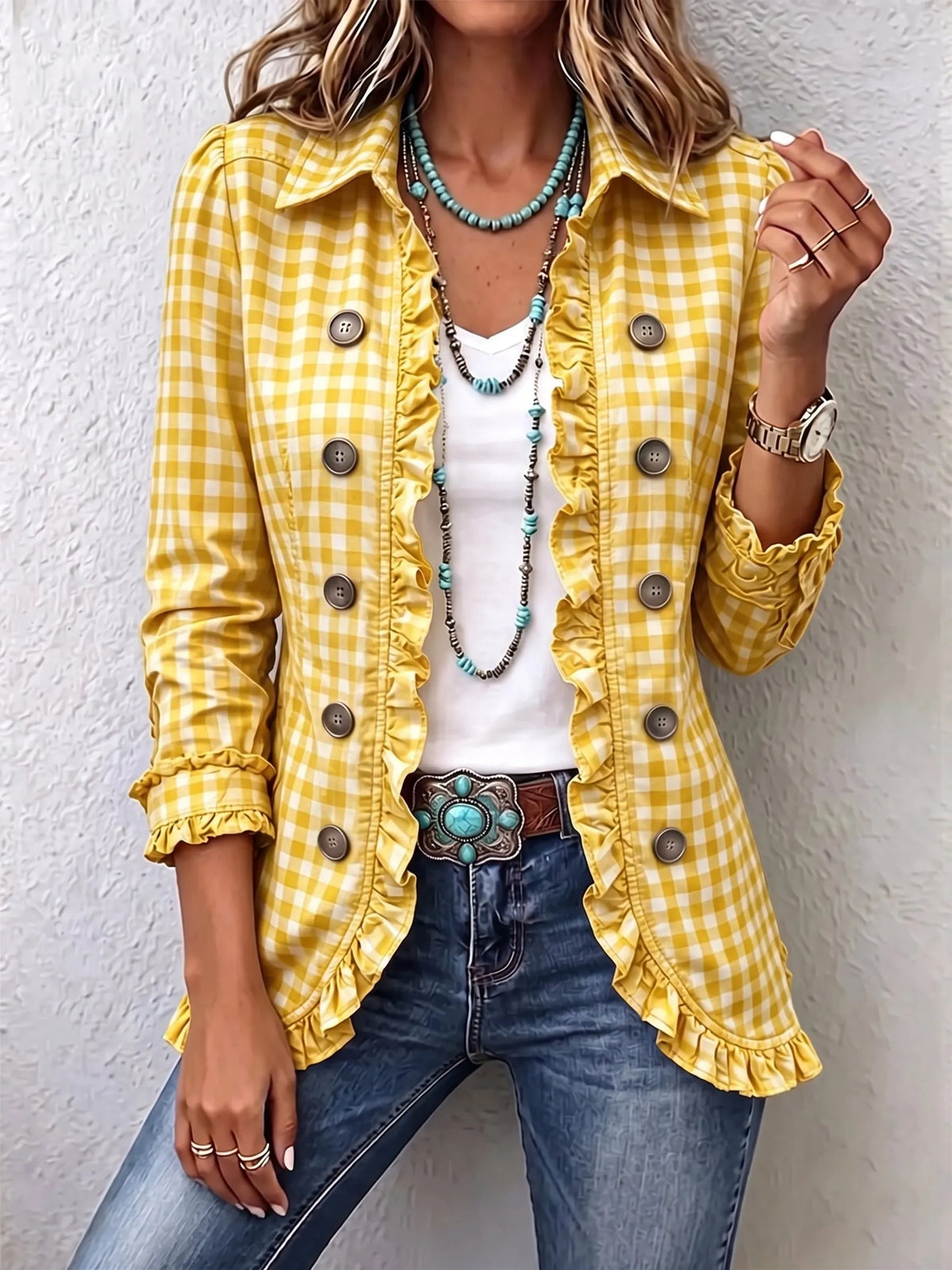 Chic Green Gingham Ruffled Button-Down Jacket