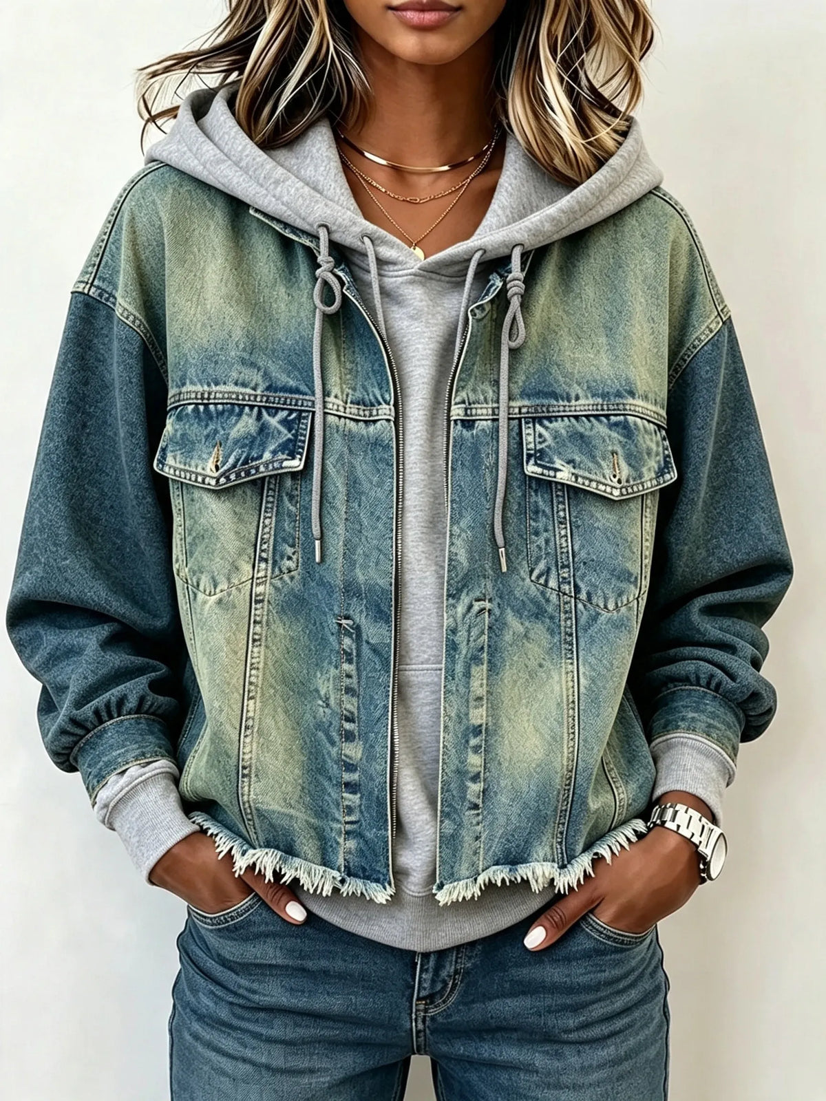 Western Spliced Zip‐Up Denim Hooded Jacket