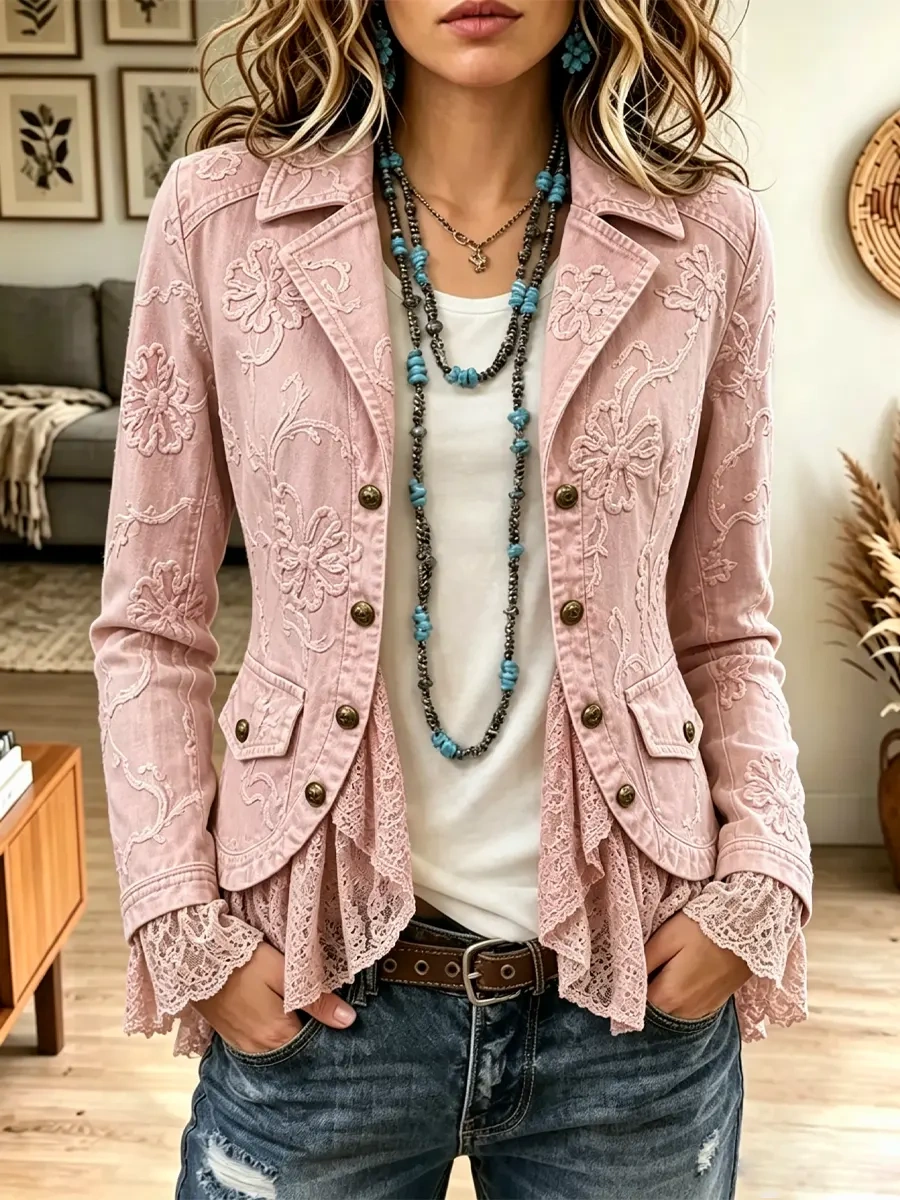 Retro Western Lace Ruffle Floral Pattern Jacket