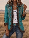 Women's Vintage Western Style Print Casual Ruffled Shirt Jacket