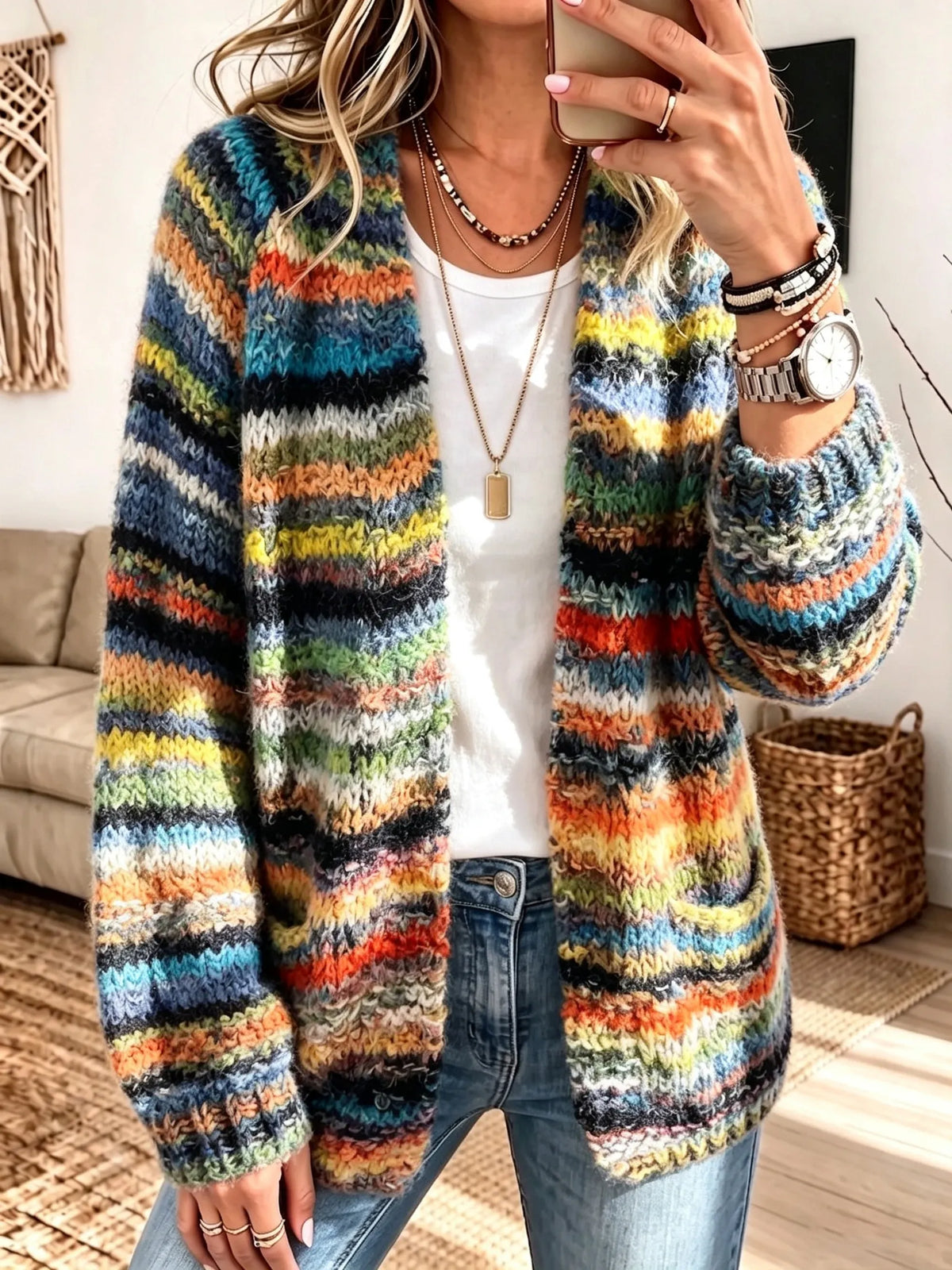 Rainbow Stripe Pockets Knit Cardigan