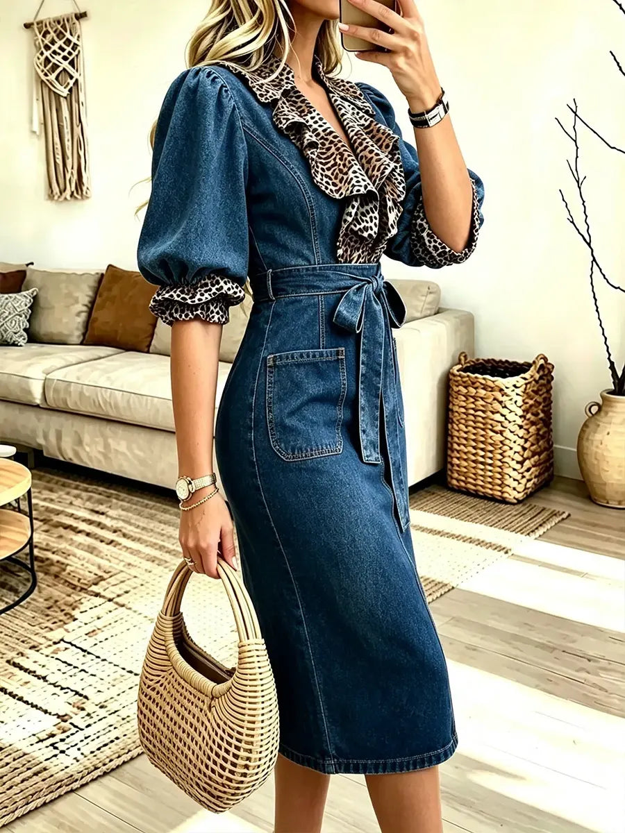 Western Boho Leopard‐Ruffle Belted Denim Midi Dress
