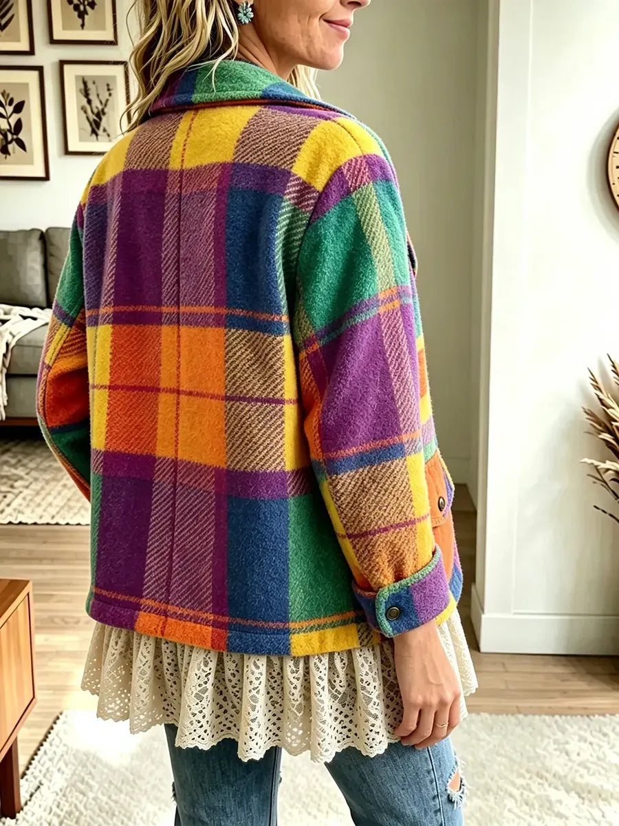 Boho Rainbow Plaid Lace‐Hem Fleece Jacket