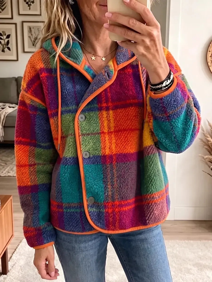 Boho Rainbow Plaid Fleece Hooded Jacket