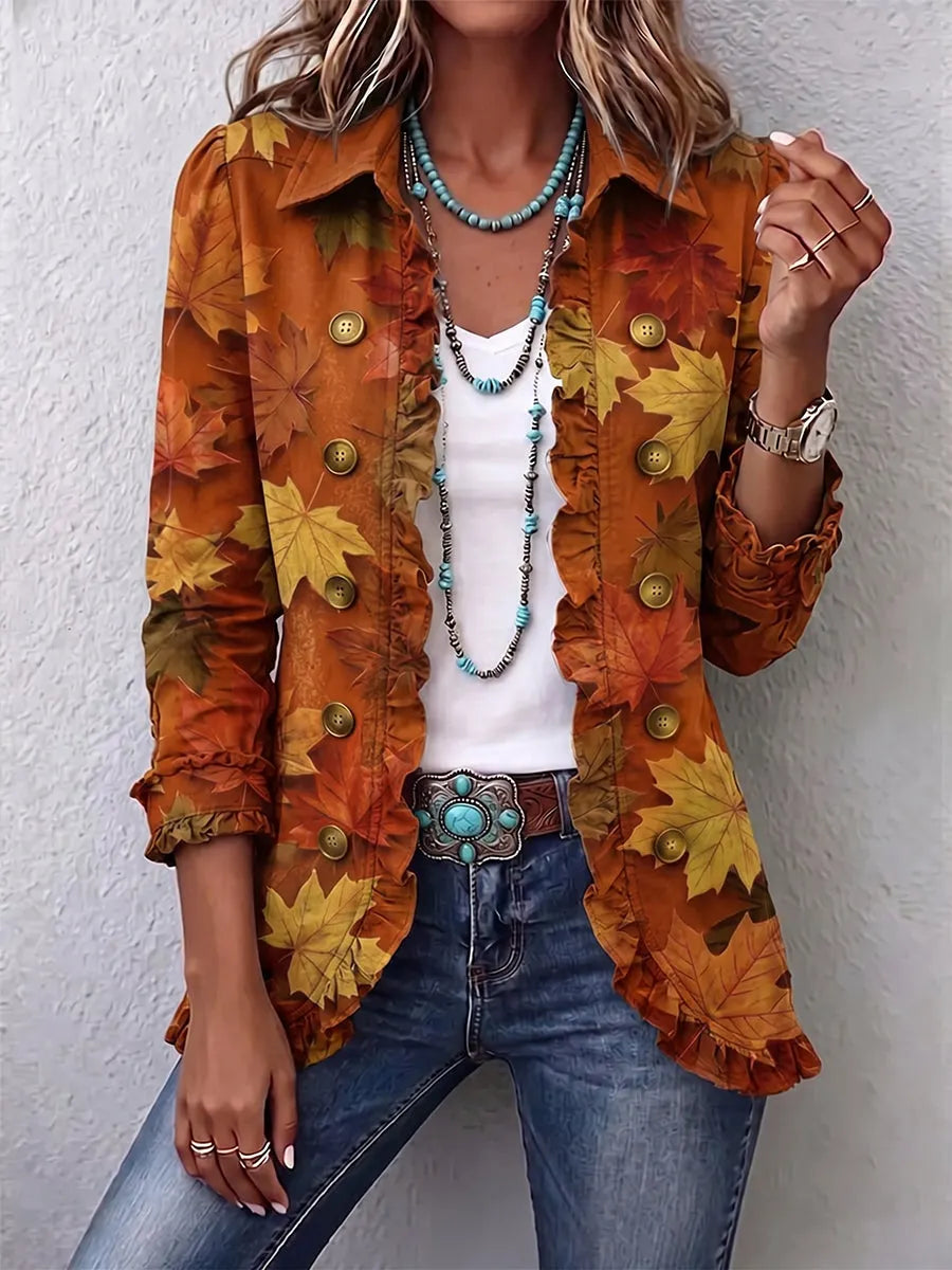 Rustic Autumn Leaf Print Cotton Linen Ruffled Jacket