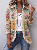 Women's Vintage Floral Art Print Casual Ruffled Shirt Jacket