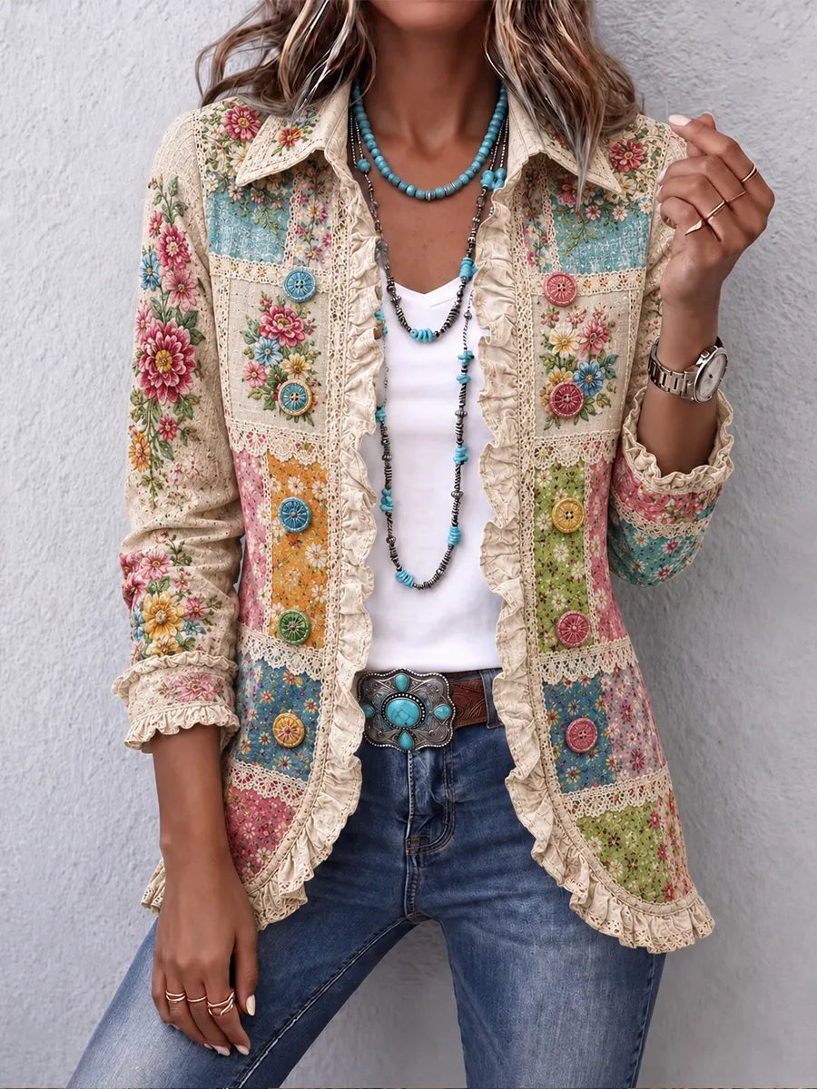 Women's Vintage Floral Art Print Casual Ruffled Shirt Jacket
