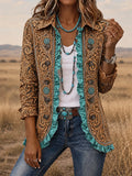 Women's Vintage Western Style Print Casual Ruffled Shirt Jacket
