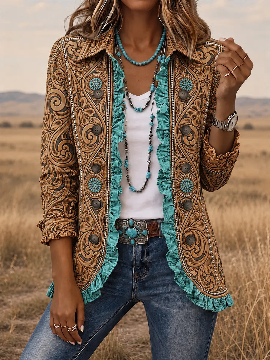 Women's Vintage Western Style Print Casual Ruffled Shirt Jacket