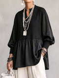 Elegant Mixed-Media Ribbed Peplum Tunic