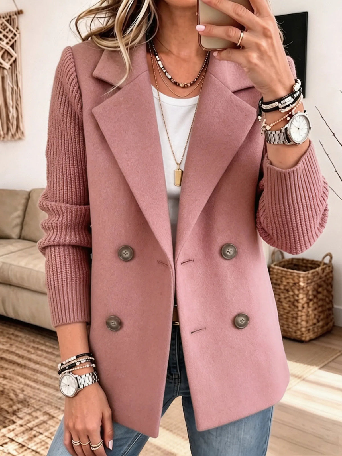 Women Mixed Media Blazer, Knit Sleeve Double‐Breasted Lapel Wool‐Blend Jacket