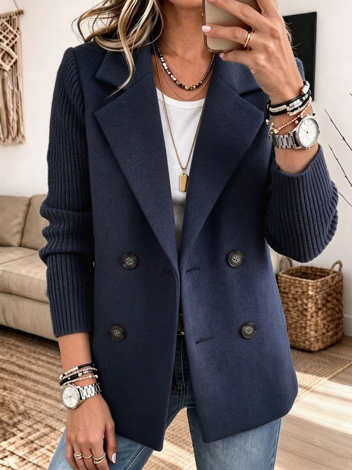 Women Mixed Media Blazer, Knit Sleeve Double‐Breasted Lapel Wool‐Blend Jacket