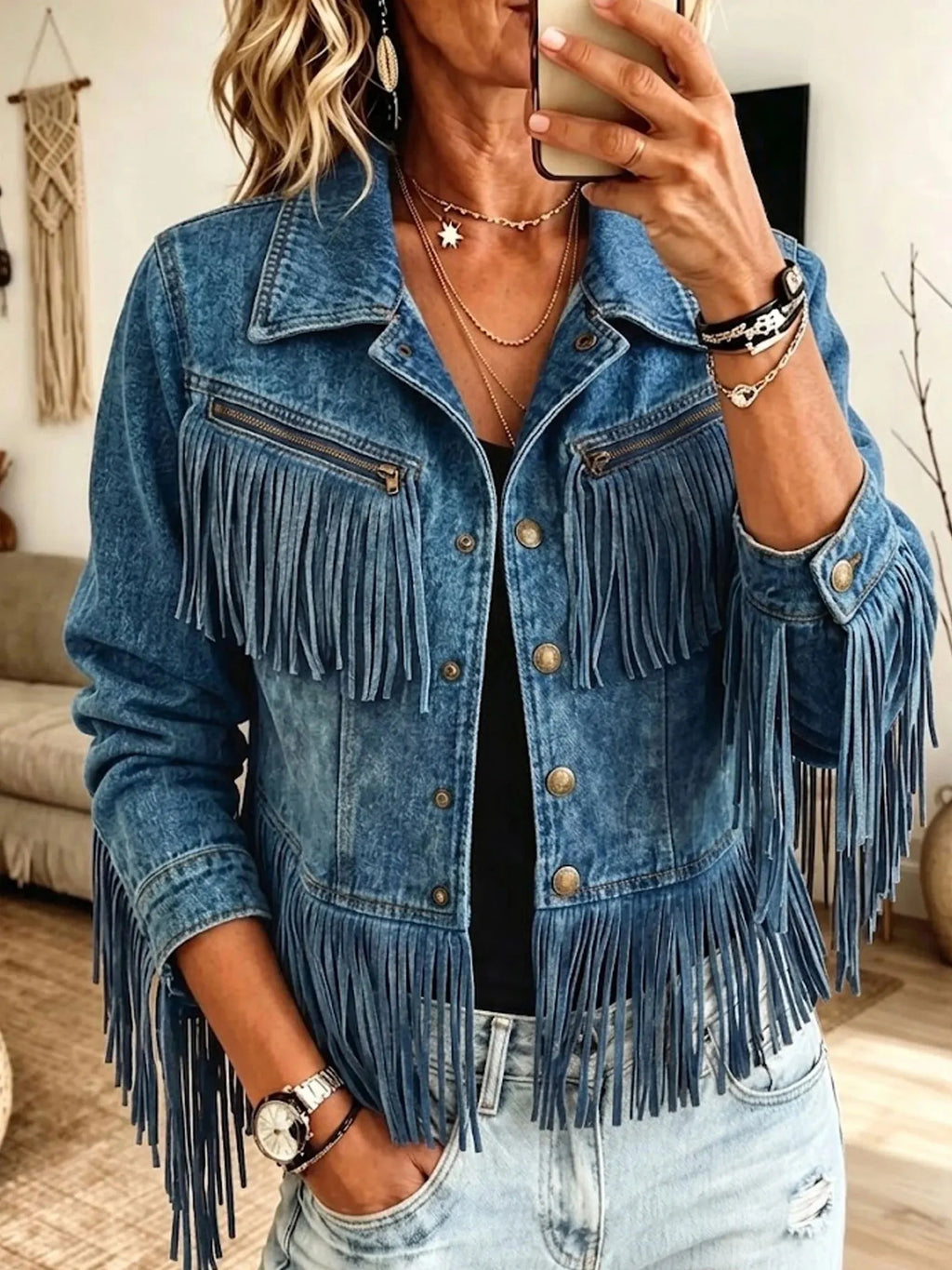Western Fringe Cropped Denim Jacket